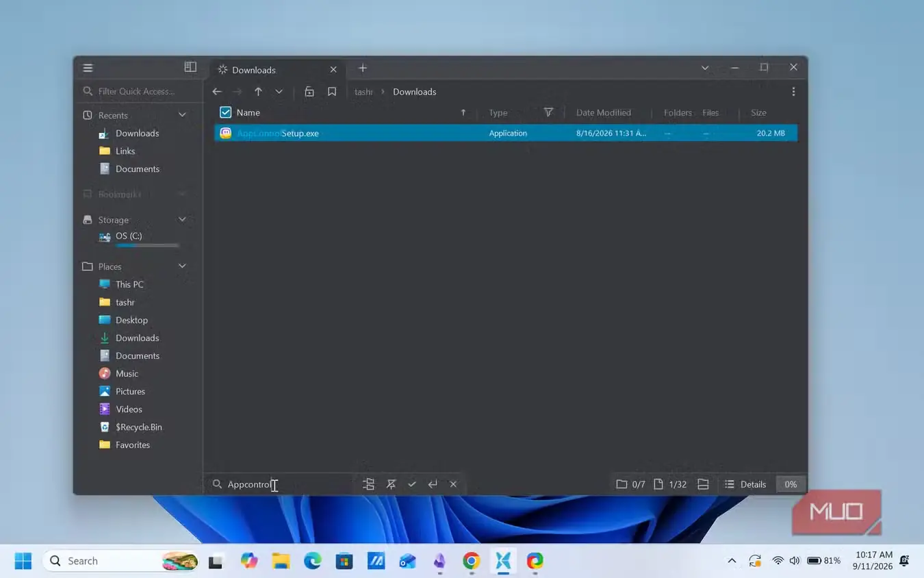 پوشهٔ بارگیریها در برنامهٔ File Pilot با فایل اجرایی نصب appcontrol