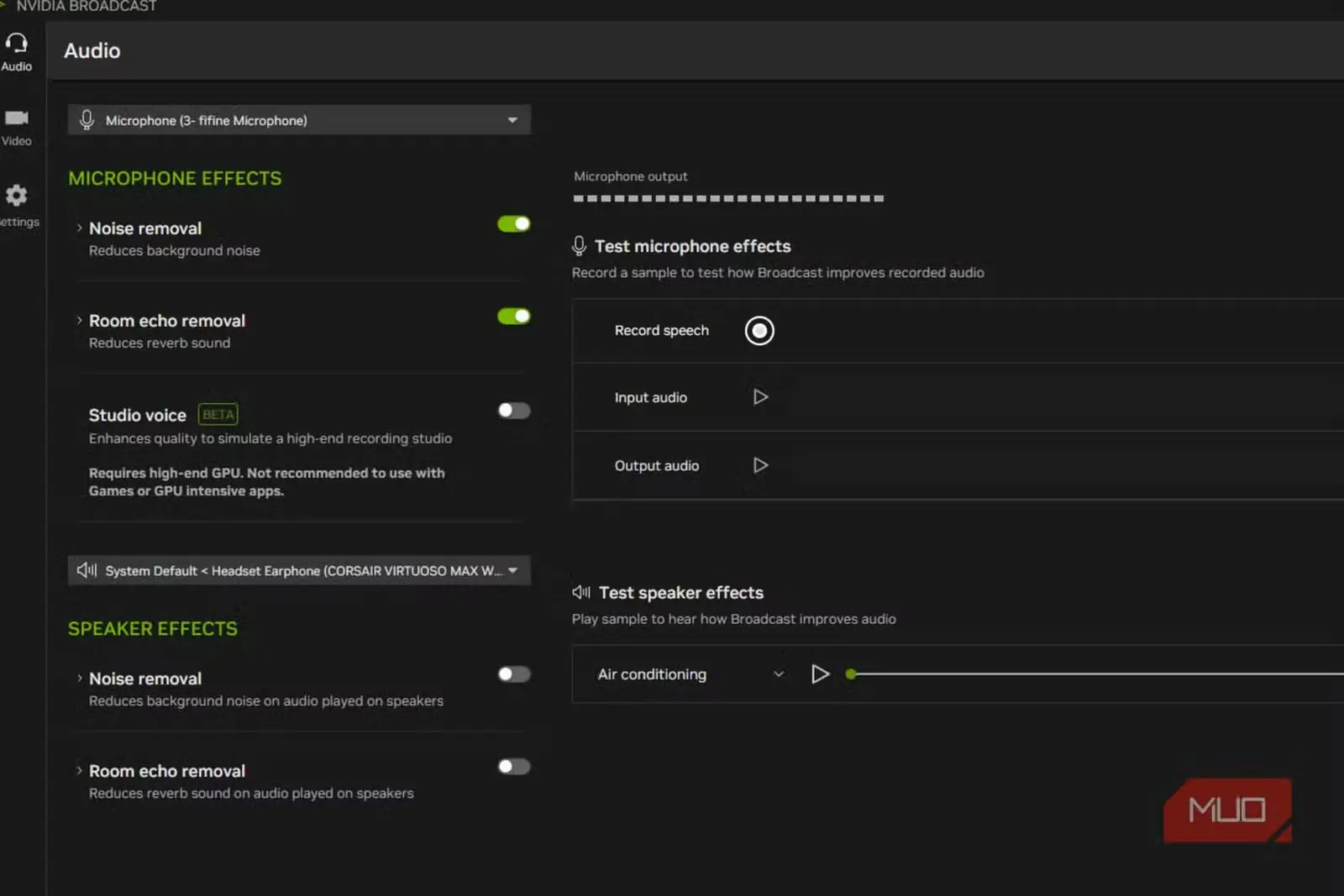 نمای بخش تنظیمات صوتی NVIDIA Broadcast