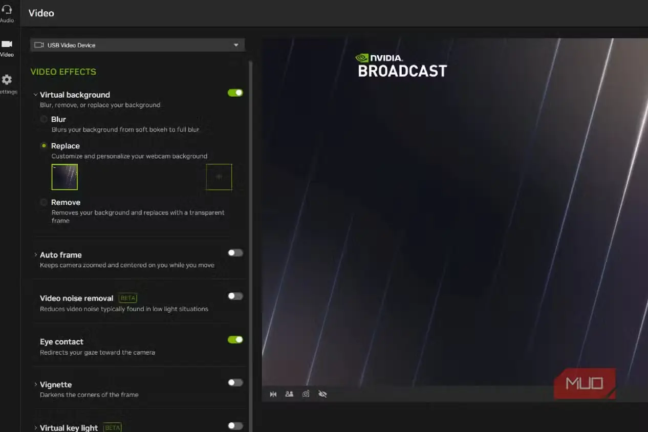 صفحه تنظیمات ویدیویی NVIDIA Broadcast