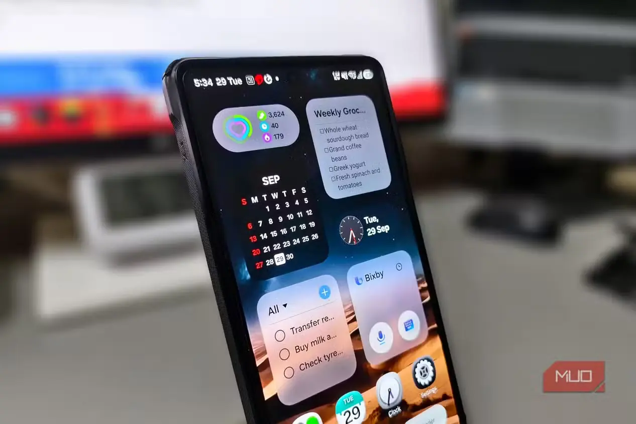 صفحه اصلی Samsung One UI 9 با ابزارک‌های Calendar، Notes، Reminder و Bixby