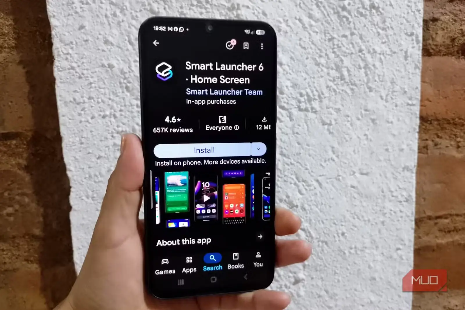 صفحهٔ Smart Launcher 6 در Google Play Store روی گوشی Samsung Galaxy با دکمهٔ نصب نمایان
