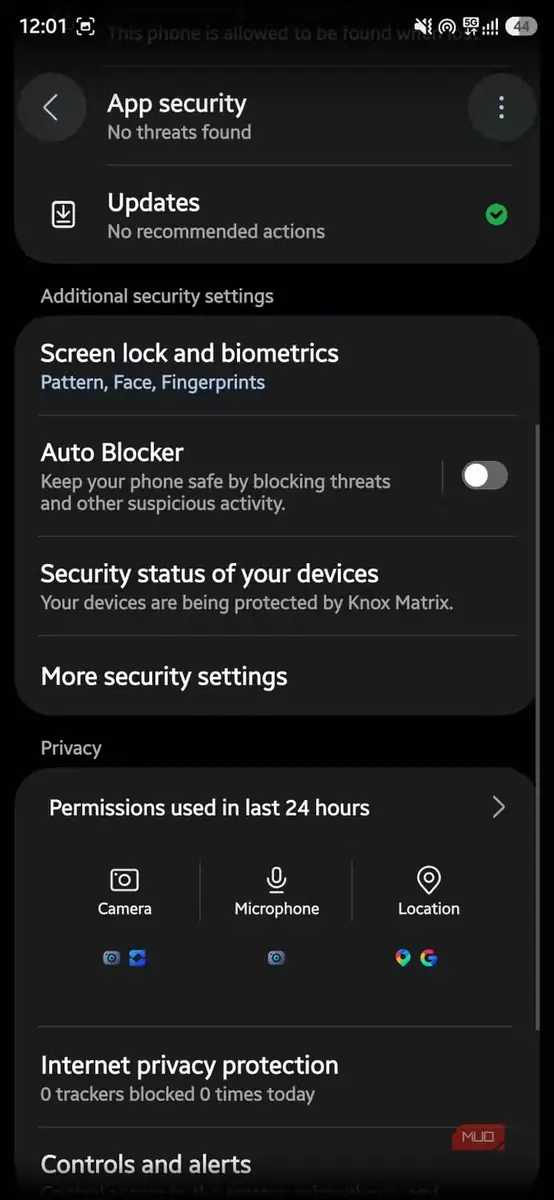 منوی امنیت و حریم خصوصی Samsung با گزینه تنظیمات امنیتی بیشتر