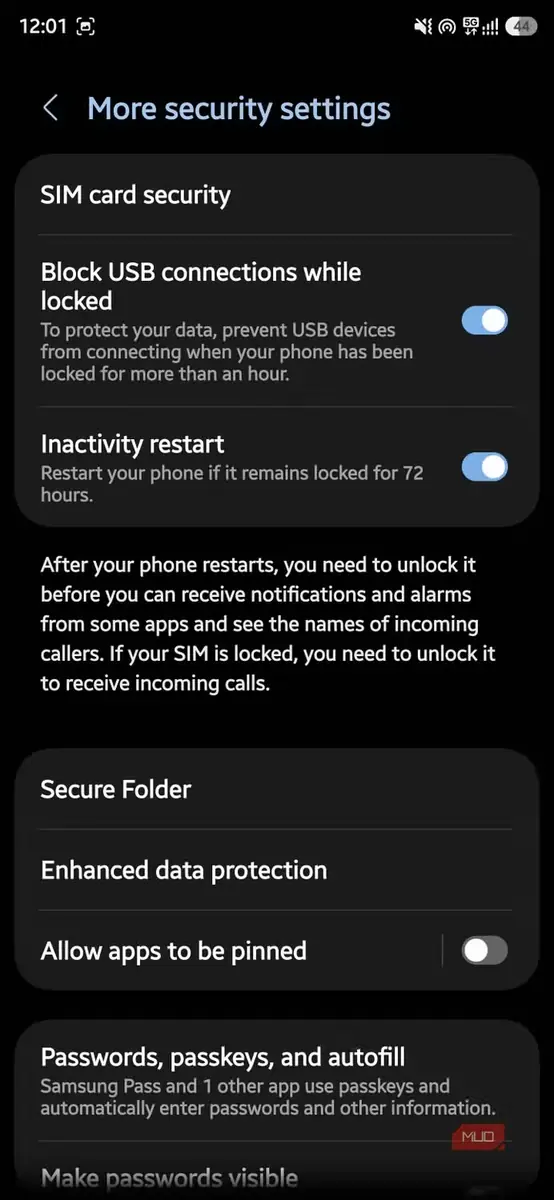 صفحه تنظیمات امنیتی بیشتر در تنظیمات Samsung با گزینه پوشه امن (Secure Folder)
