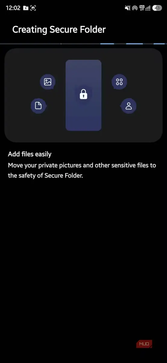 صفحه راهاندازی پوشه امن (Secure Folder) با گزینه افزودن آسان فایلها