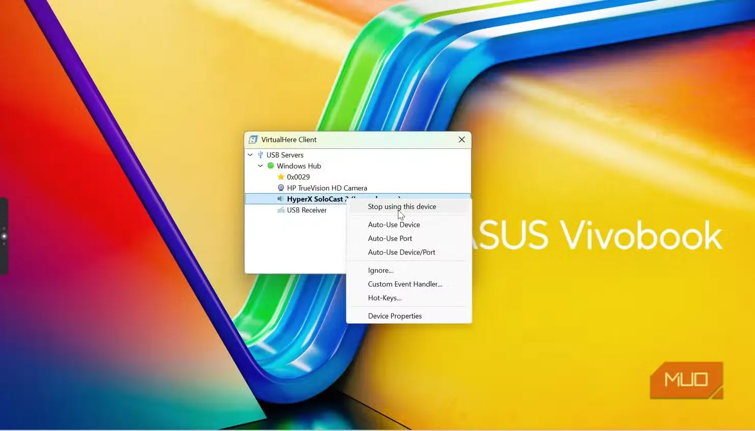 پنجره مدیریت دستگاههای USB کارخواه VirtualHere در ASUS VivoBook
