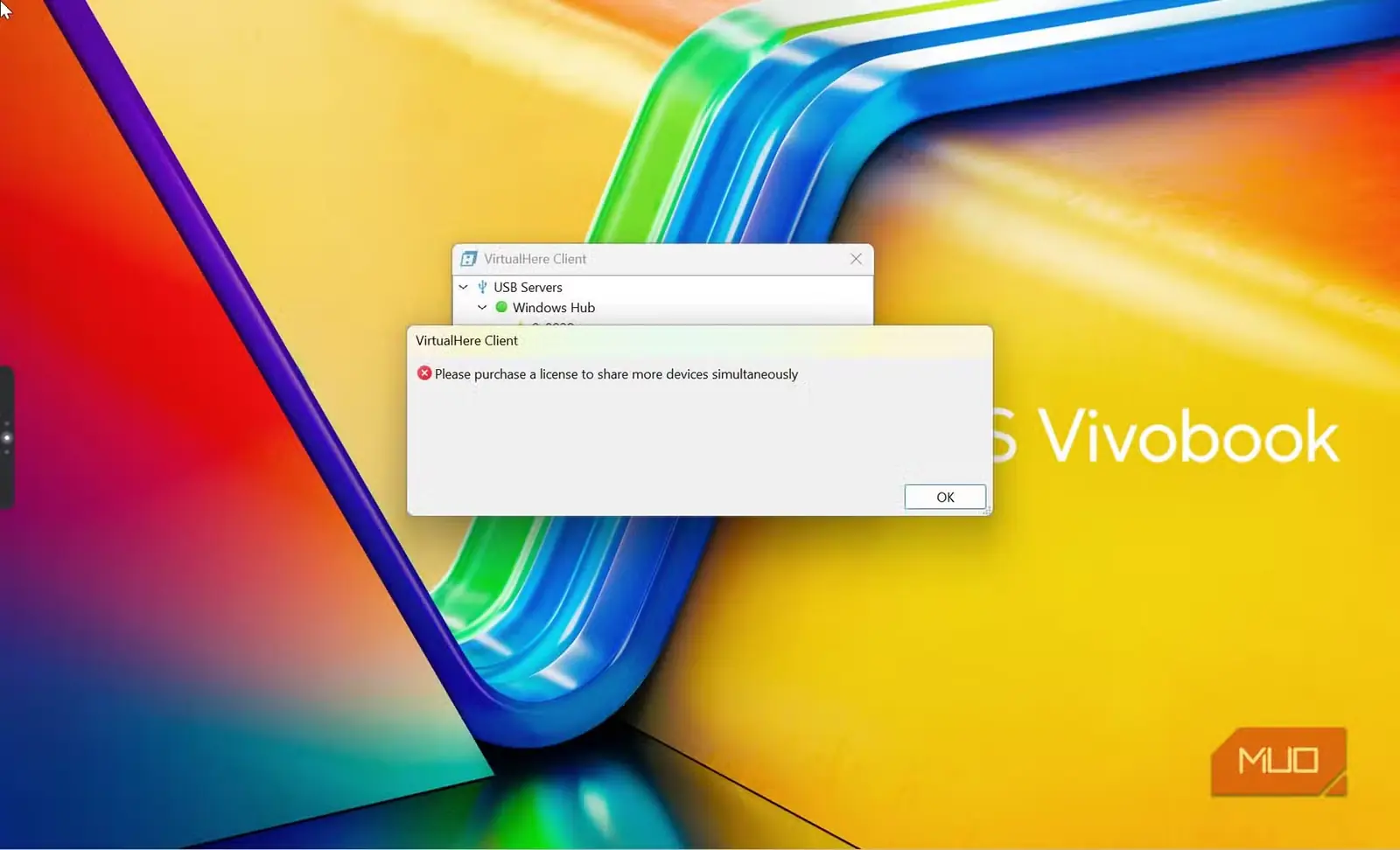 پنجره درخواست خرید مجوز کارخواه VirtualHere در ASUS VivoBook