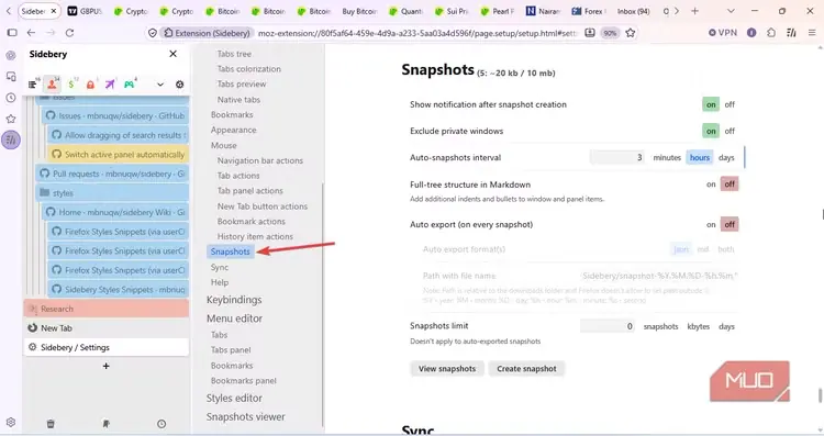 بخش تنظیمات تصاویر فوری Sidebery