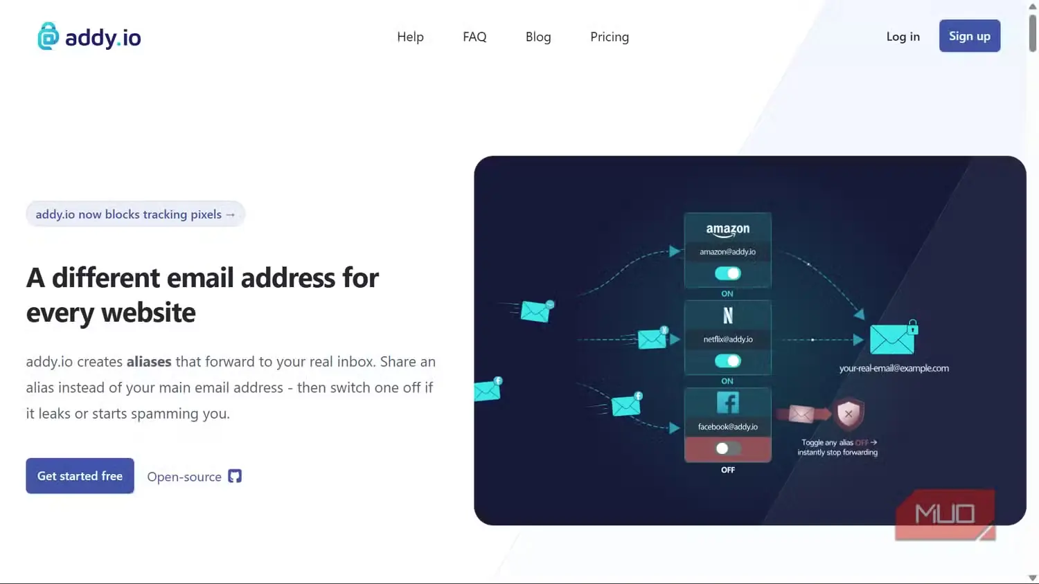 صفحهٔ آغازین Addy.io برای ساخت نامهای مستعار ایمیل