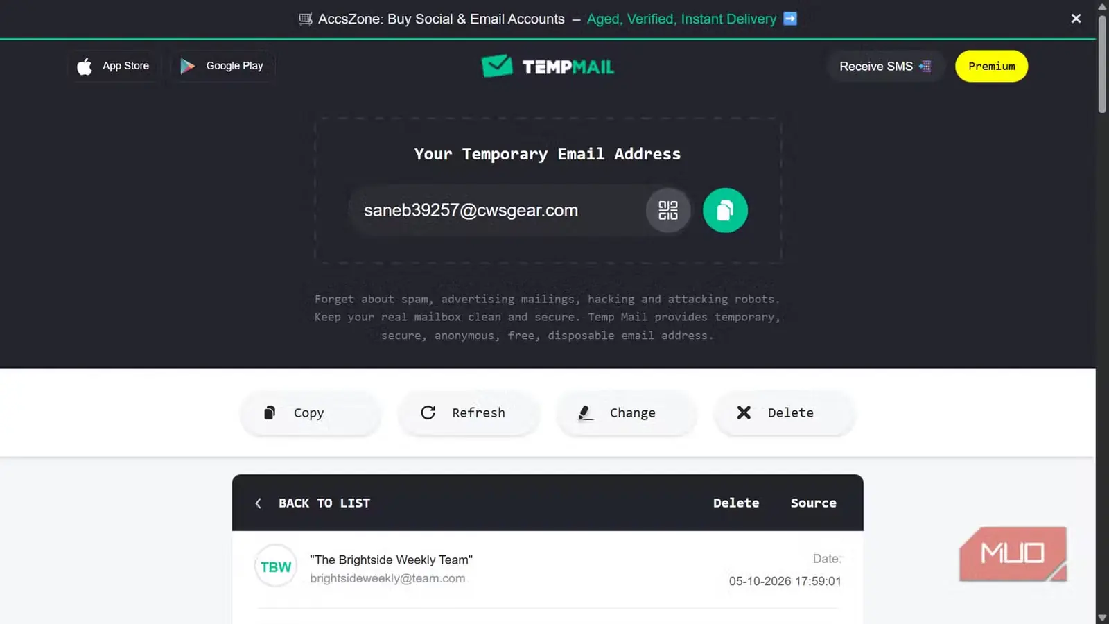 وبسایت Temp Mail در حال نمایش نشانی ایمیل موقت