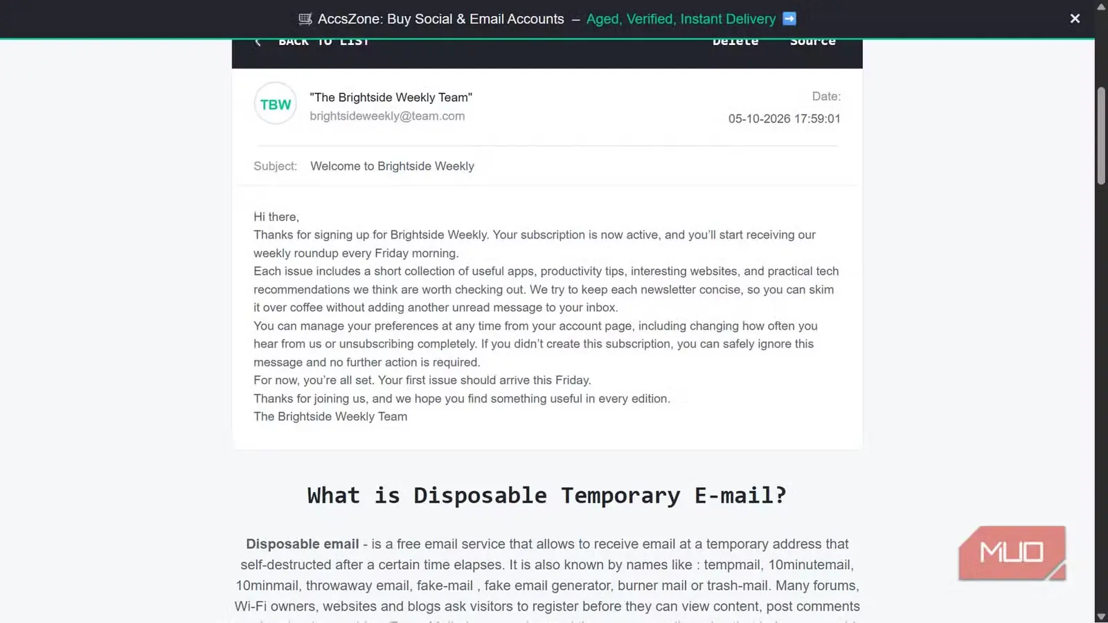 ایمیل خوشامدگویی فرستادهشده از Brightside Weekly