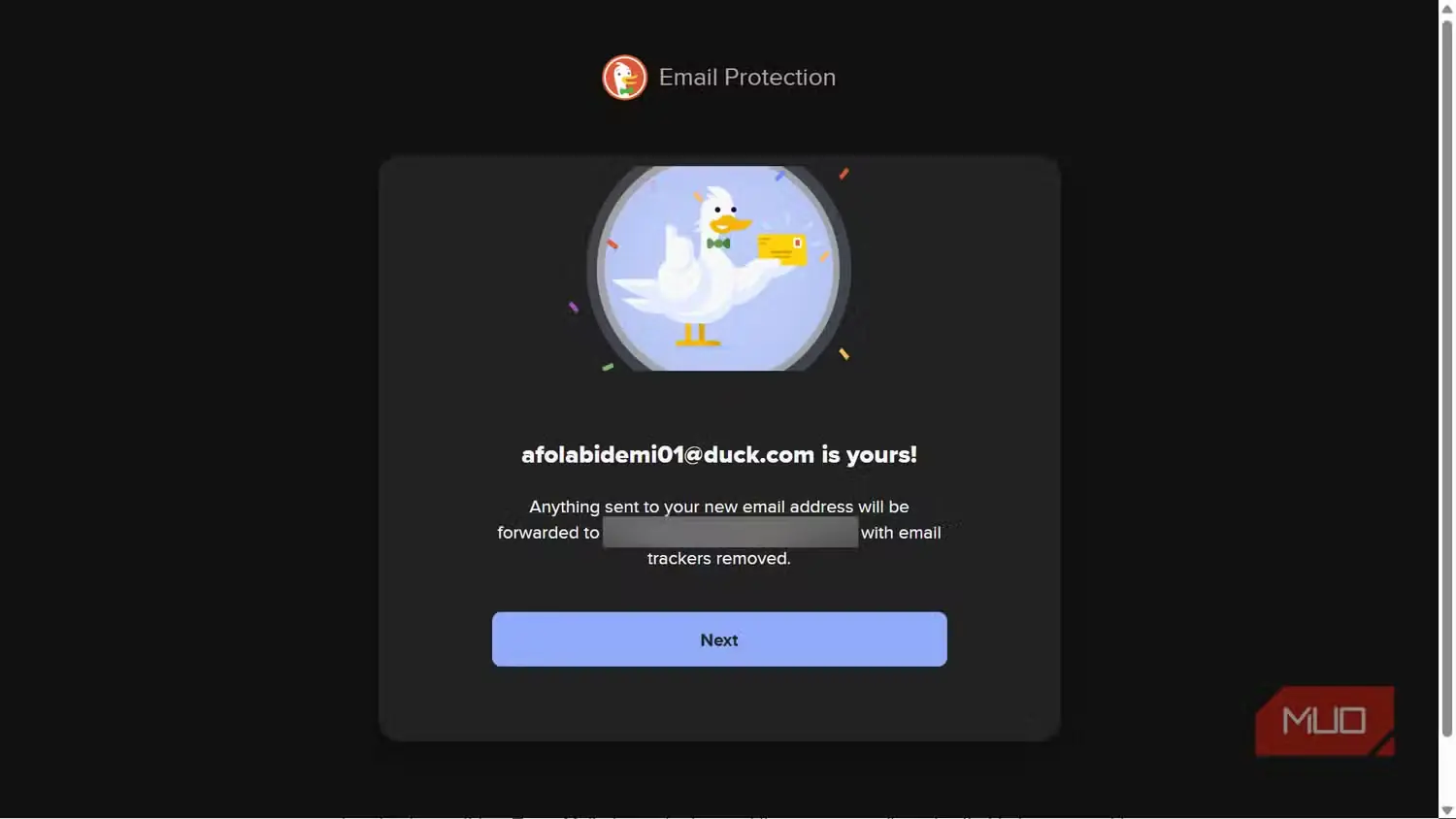صفحهٔ تأیید تنظیم نشانی محافظت ایمیل DuckDuckGo