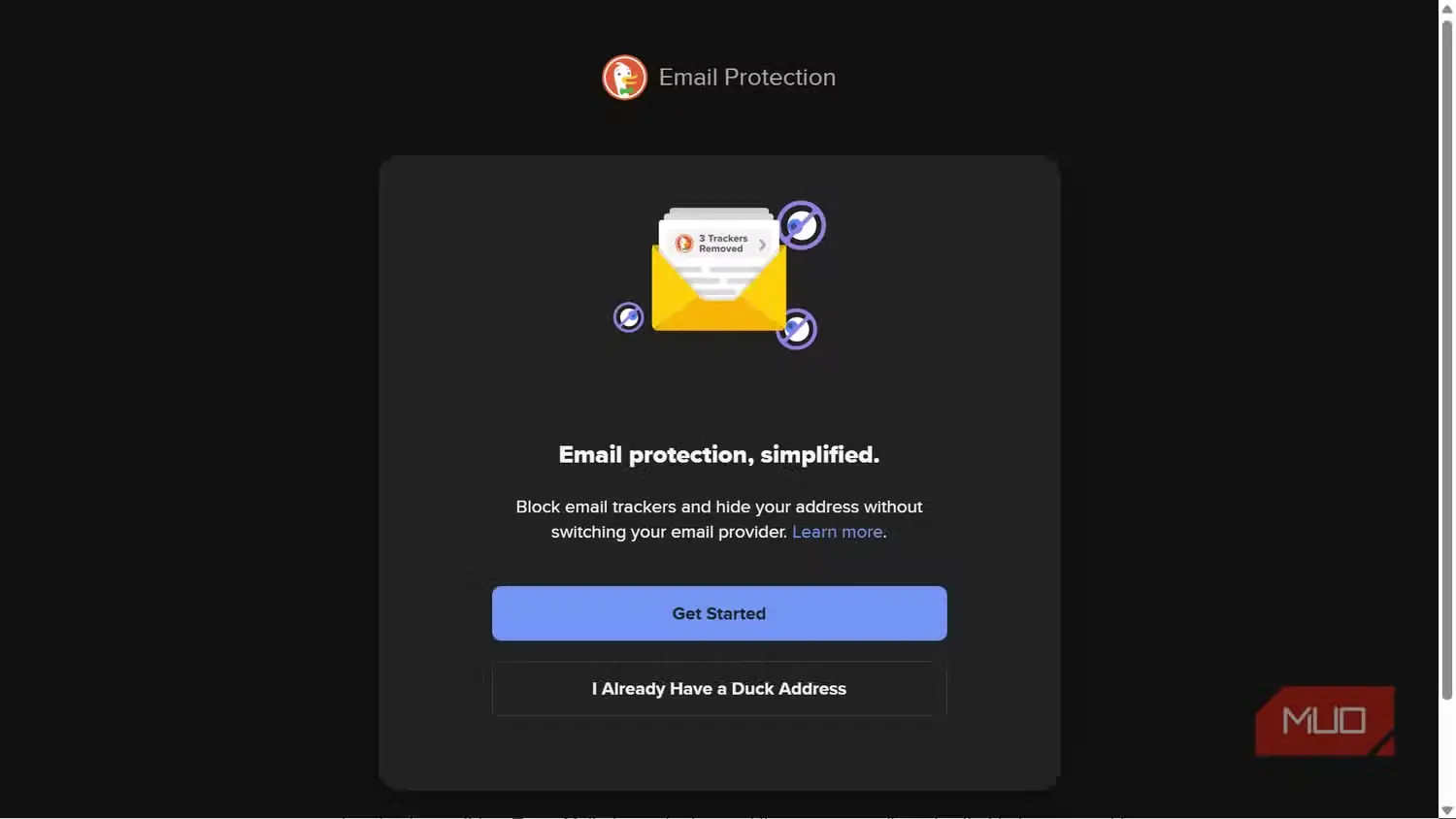 صفحهٔ خوشامدگویی و راهاندازی محافظت ایمیل DuckDuckGo