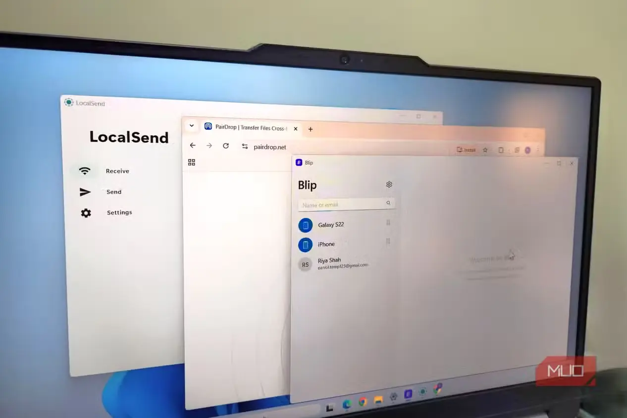 صفحه لپتاپ با برنامههای LocalSend، PairDrop و Blip