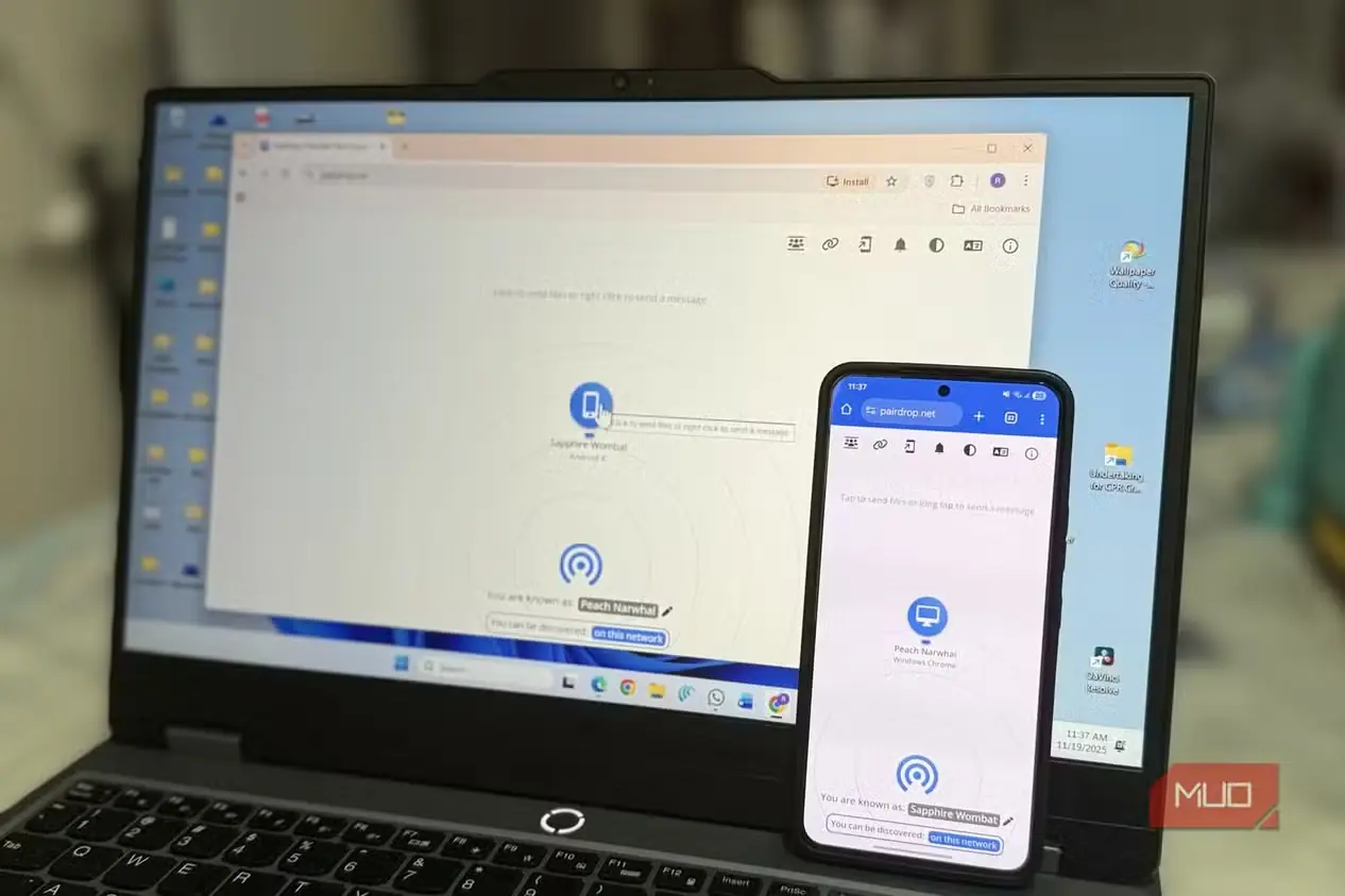 نمایش PairDrop روی لپتاپ و گوشی Android