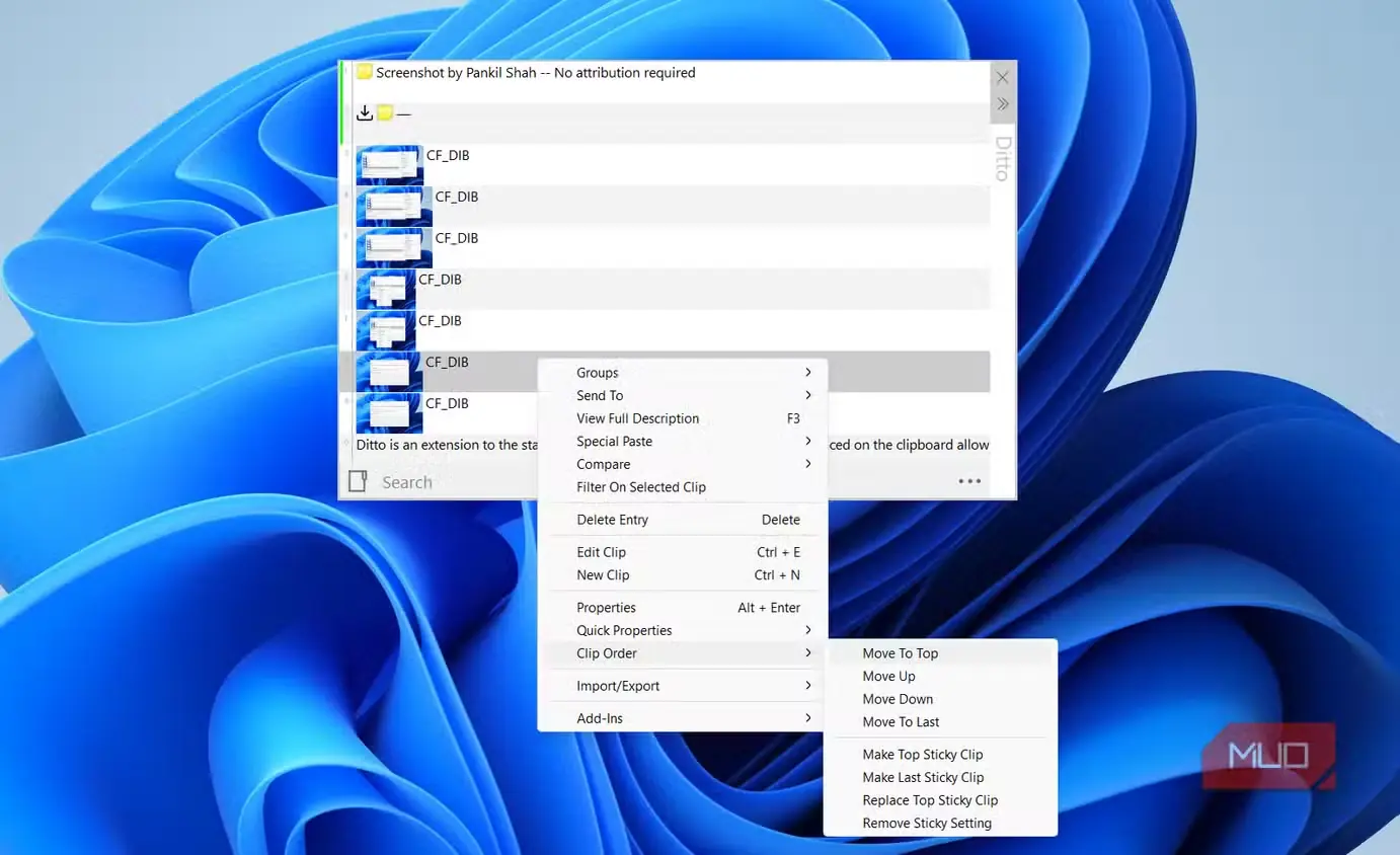 فهرست کلیپبورد Ditto روی میزکار Windows 11