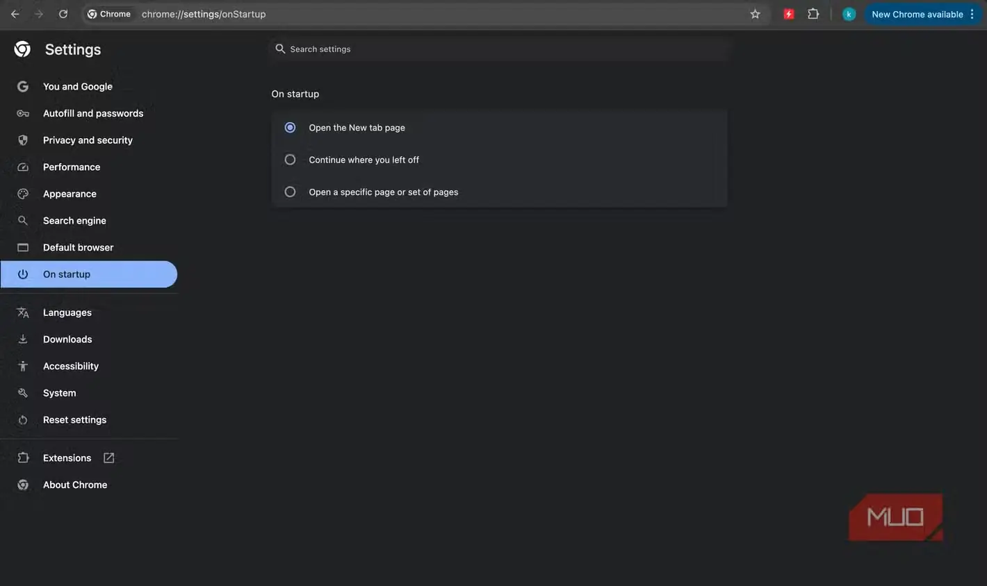 گزینه باز کردن صفحه زبانه جدید در تنظیمات Chrome