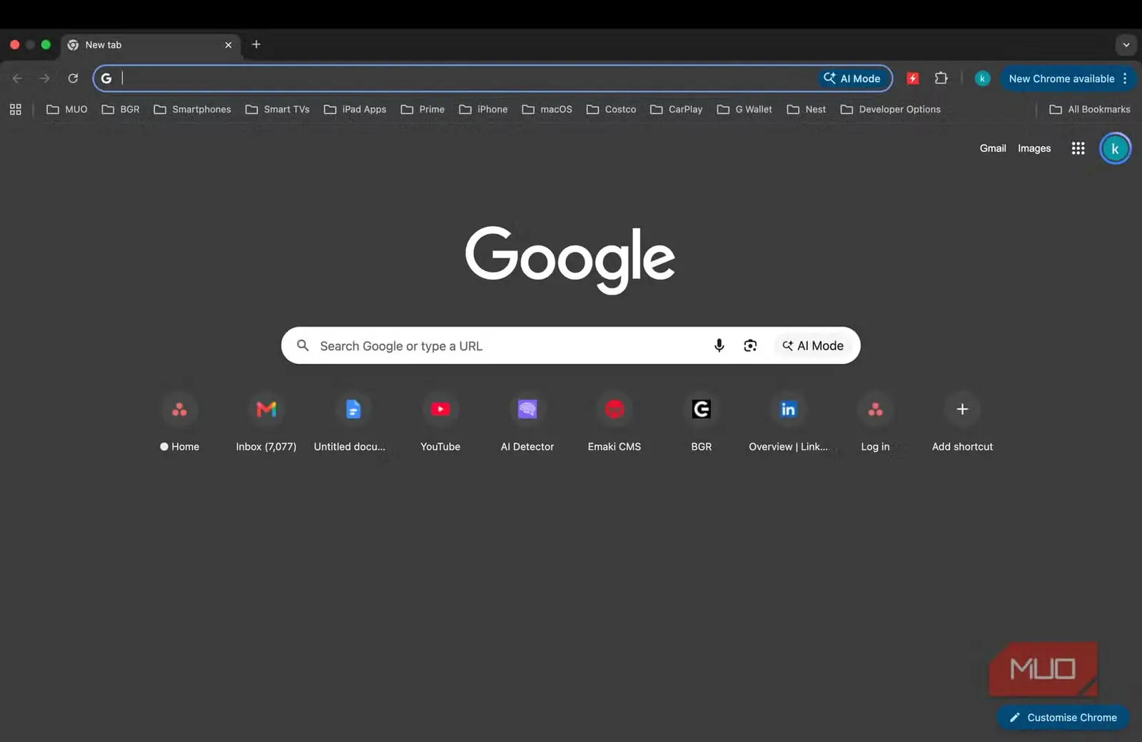 پنجره مرورگر Google Chrome با زبانه‌ای جدید