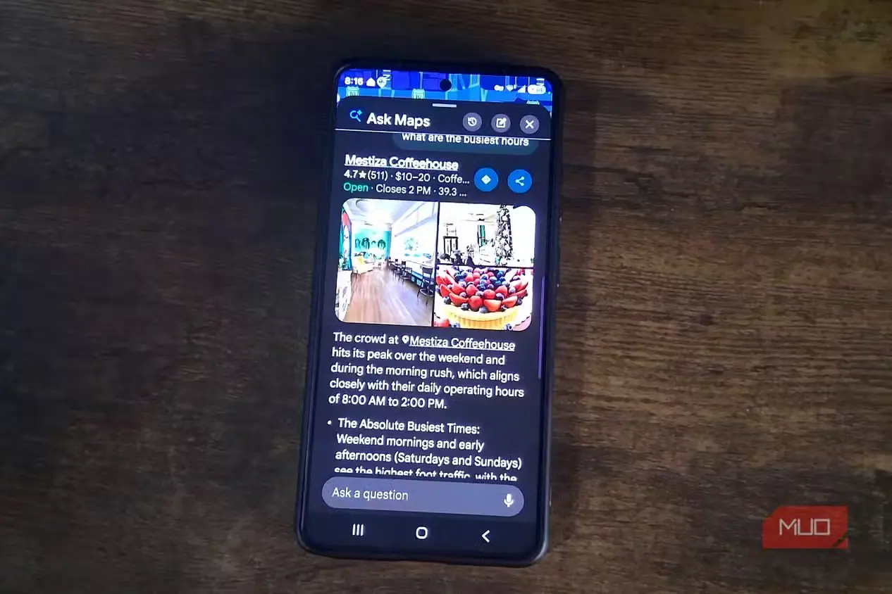 نمایش شلوغترین ساعتهای Mestiza Coffeehouse در Ask Maps گوگل مپس روی صفحه گوشی هوشمند