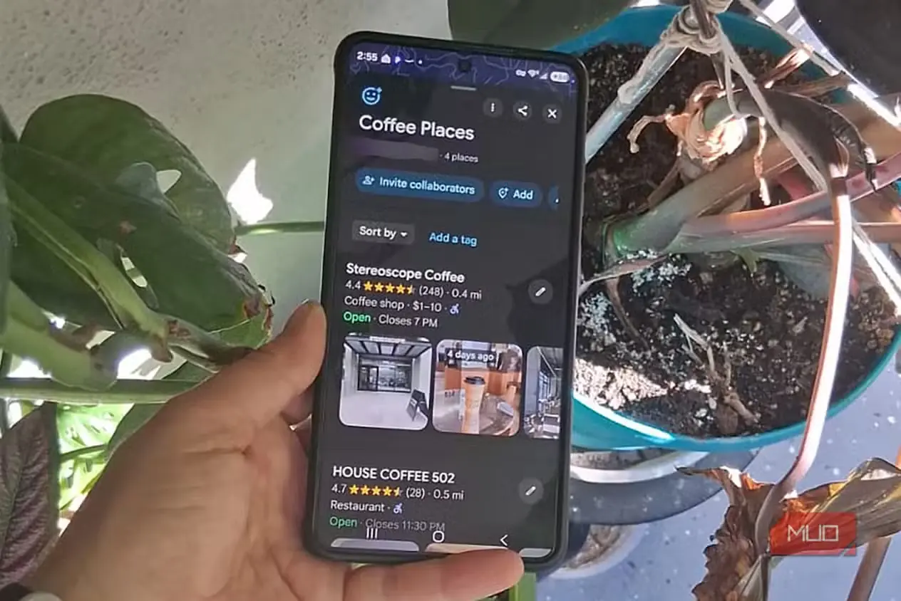 دستی در کنار چند گلدان که گوشی هوشمندِ نمایشدهنده فهرست قهوهخانهها در Google Maps را نگه داشته است