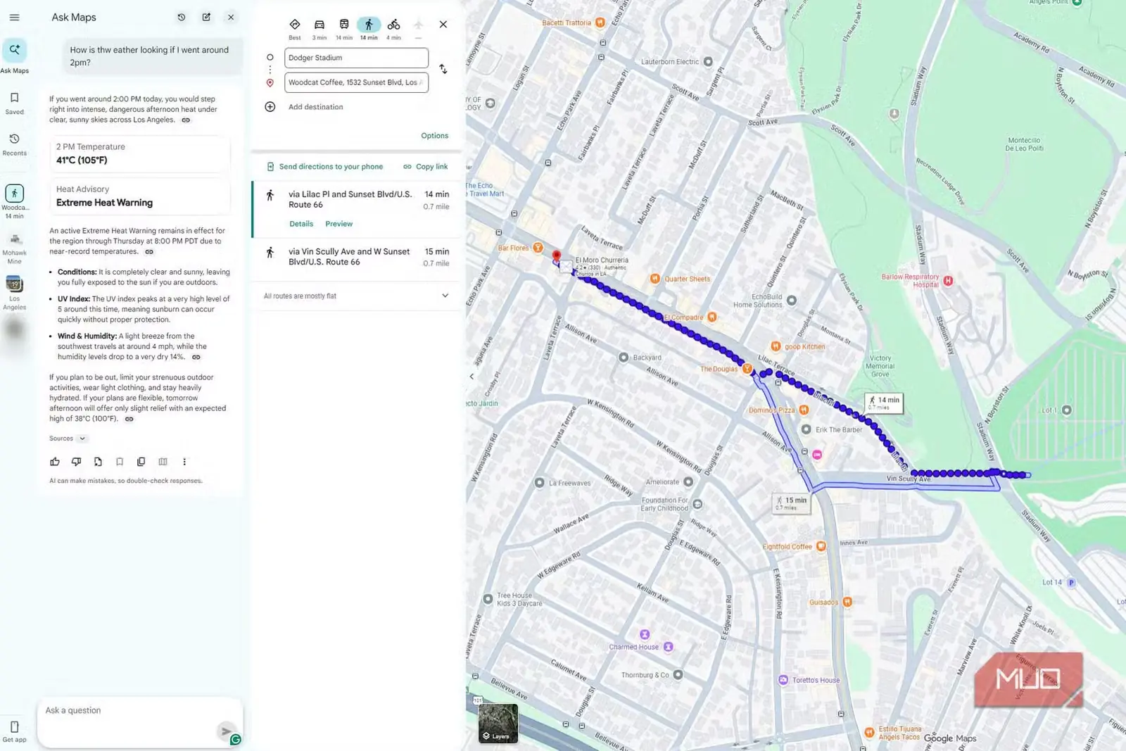 توضیحات Ask Maps درباره شرایط پیادهروی در ساعت ۲ بعدازظهر