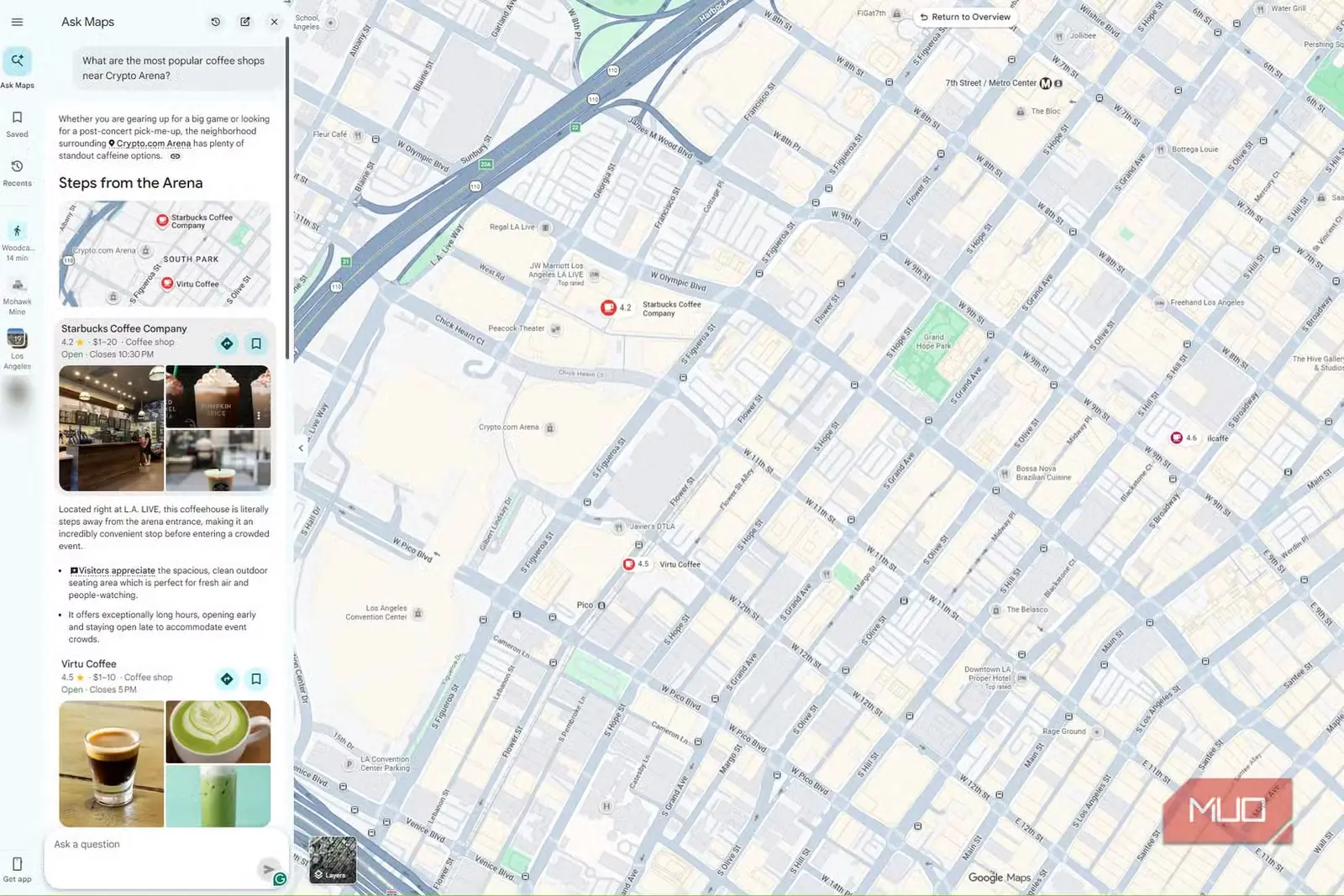 نمایش اطلاعات قهوهخانههای مرکز شهر لسآنجلس در Ask Maps