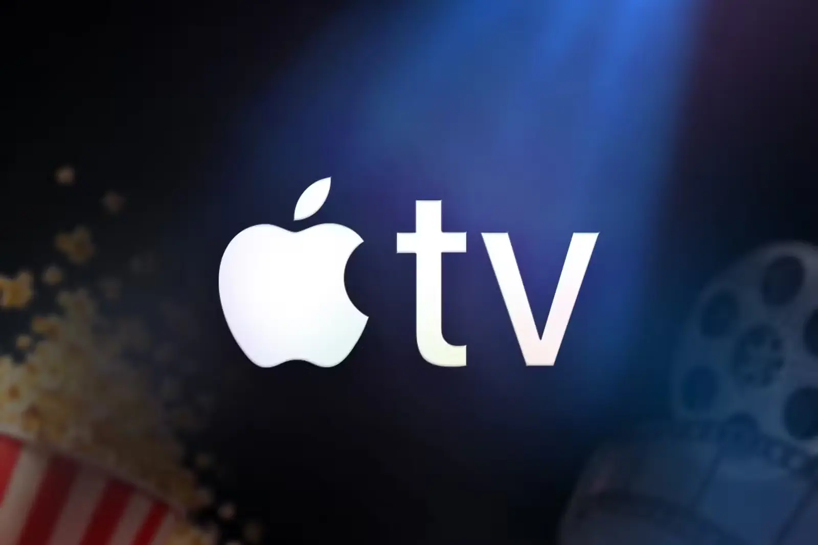نشان Apple TV با ذرت بوداده و حلقههای فیلم در پسزمینه