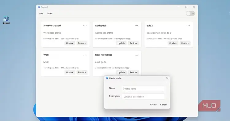 ساخت فضای کاری تازه در Rewind Workspaces
