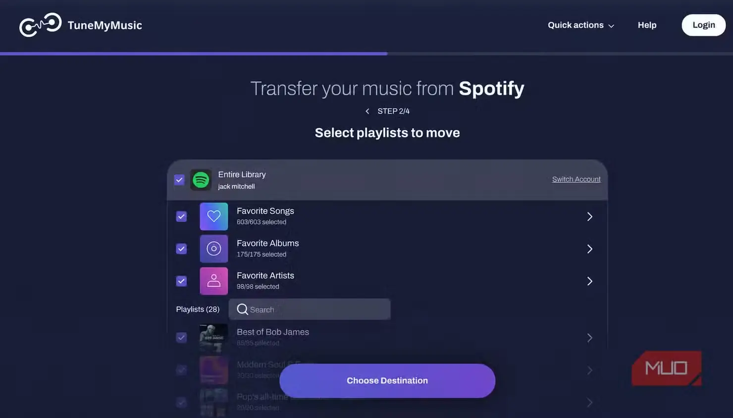 صفحه انتخاب فهرستهای پخش در TuneMyMusic