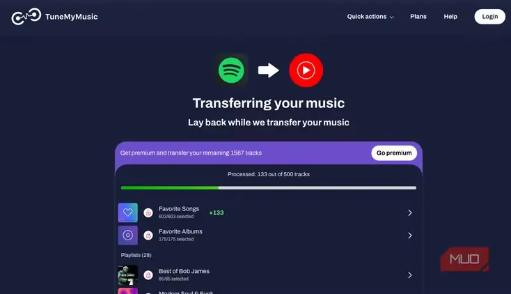 صفحه انتقال موسیقی در TuneMyMusic