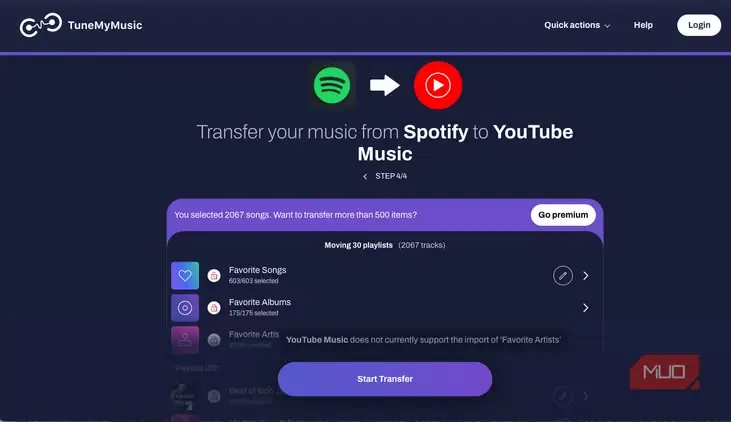 صفحه آمادگی برای انتقال در TuneMyMusic