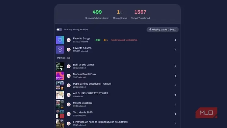 صفحه تکمیل انتقال در TuneMyMusic