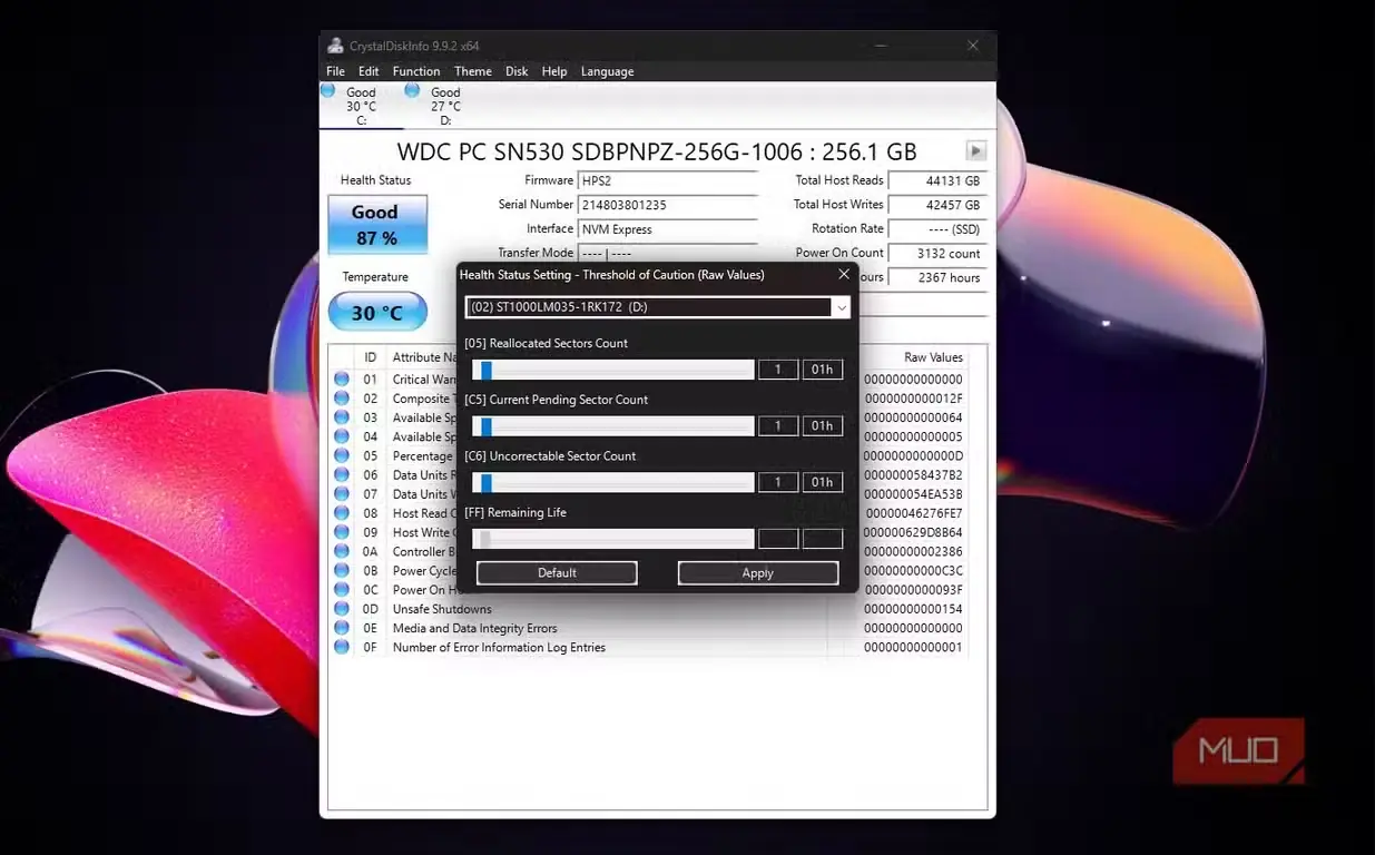 گزینه وضعیت سلامت هارددیسک HDD