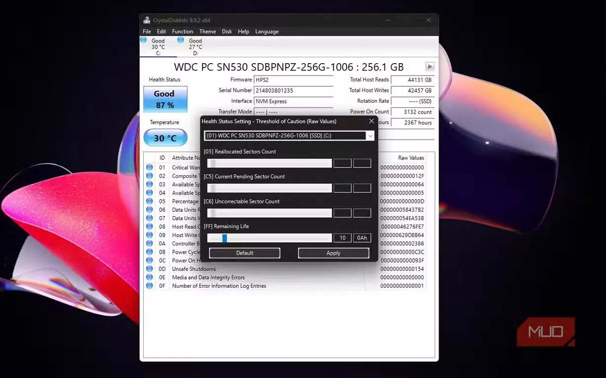 گزینه وضعیت سلامت درایو SSD