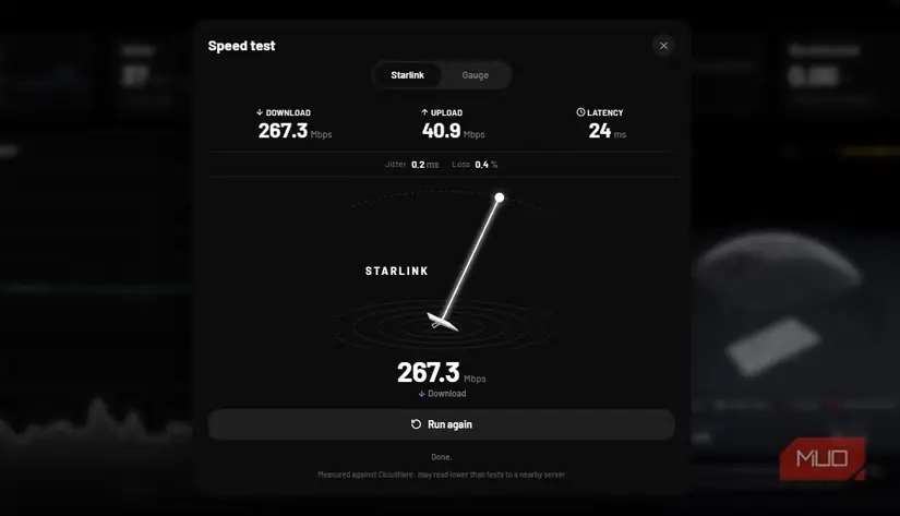تصویر results.png از نتایج آزمایش سرعت Dishylink با سرعت بارگیری 267.3 مگابیتبرثانیه، سرعت بارگذاری 40.9 مگابیتبرثانیه و تأخیر 24 میلیثانیه