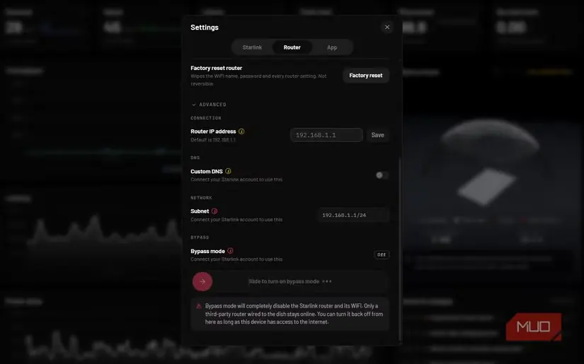 تنظیمات پیشرفته روتر در Dishylink شامل نشانی روتر، DNS سفارشی، گزینش زیرشبکه و حالت گذر مستقیم