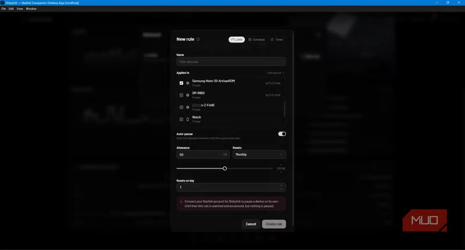 فرم تعریف قانون شبکه در Dishylink با سهمیه ماهانه داده، توقف خودکار و الزام داشتن حساب Starlink