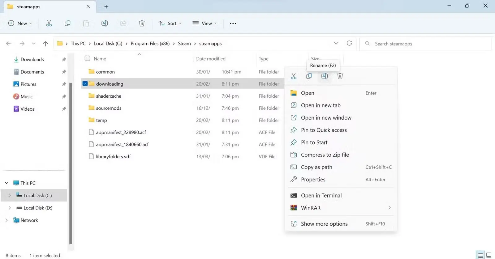 تغییر نام پوشه Downloading در Windows File Explorer