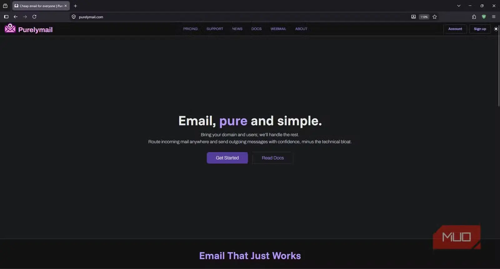 وبسایت و صفحهٔ آغازین Purelymail