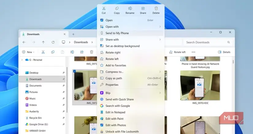 گزینهٔ فرستادن فایل‌ها به گوشی در منوی راست‌کلیک Windows