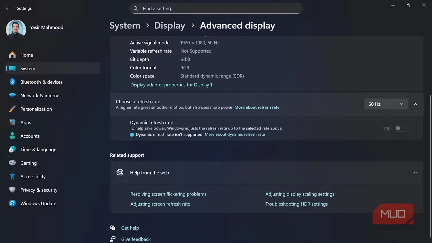 تنظیمات نمایشگر Windows با نرخ نوسازی صفحه