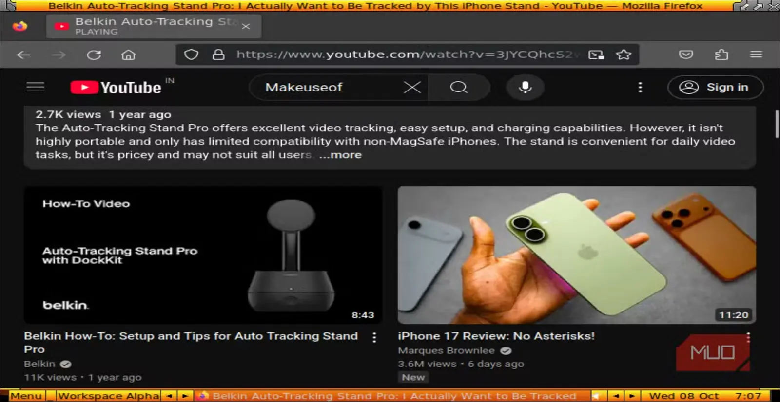 صفحهٔ باز YouTube در مرورگر Damn Small Linux