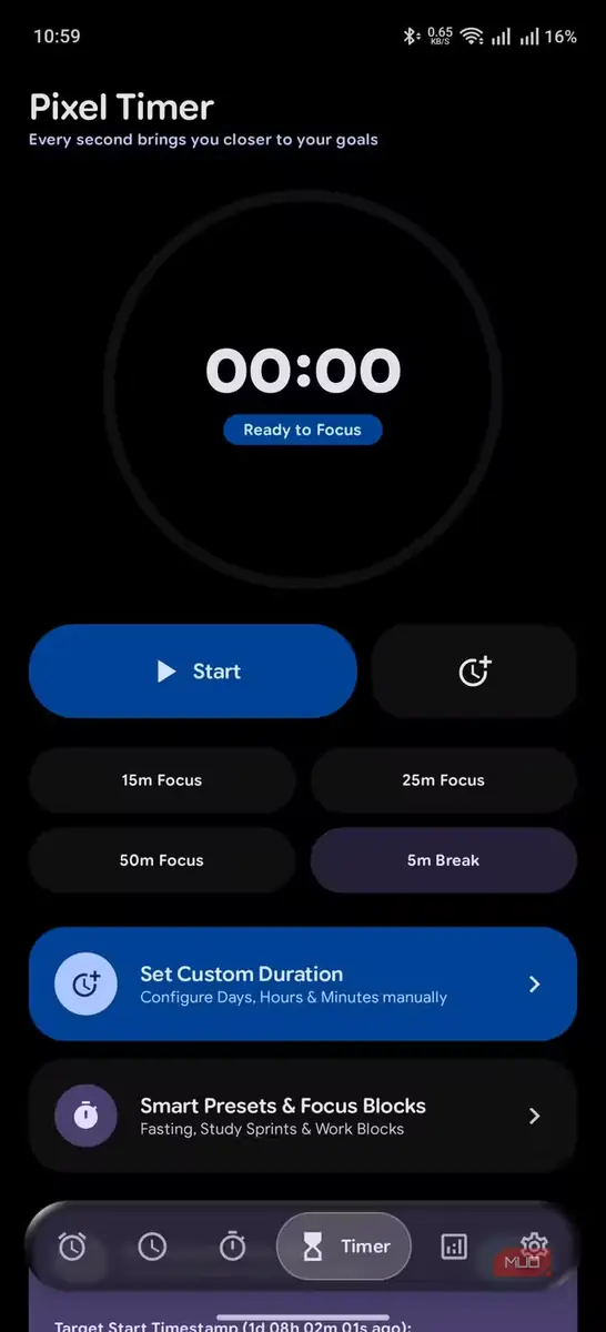 صفحه اصلی Pixel Timer با زمان‌سنج ۰۰:۰۰، دکمه آغاز و الگوهای آماده تمرکز