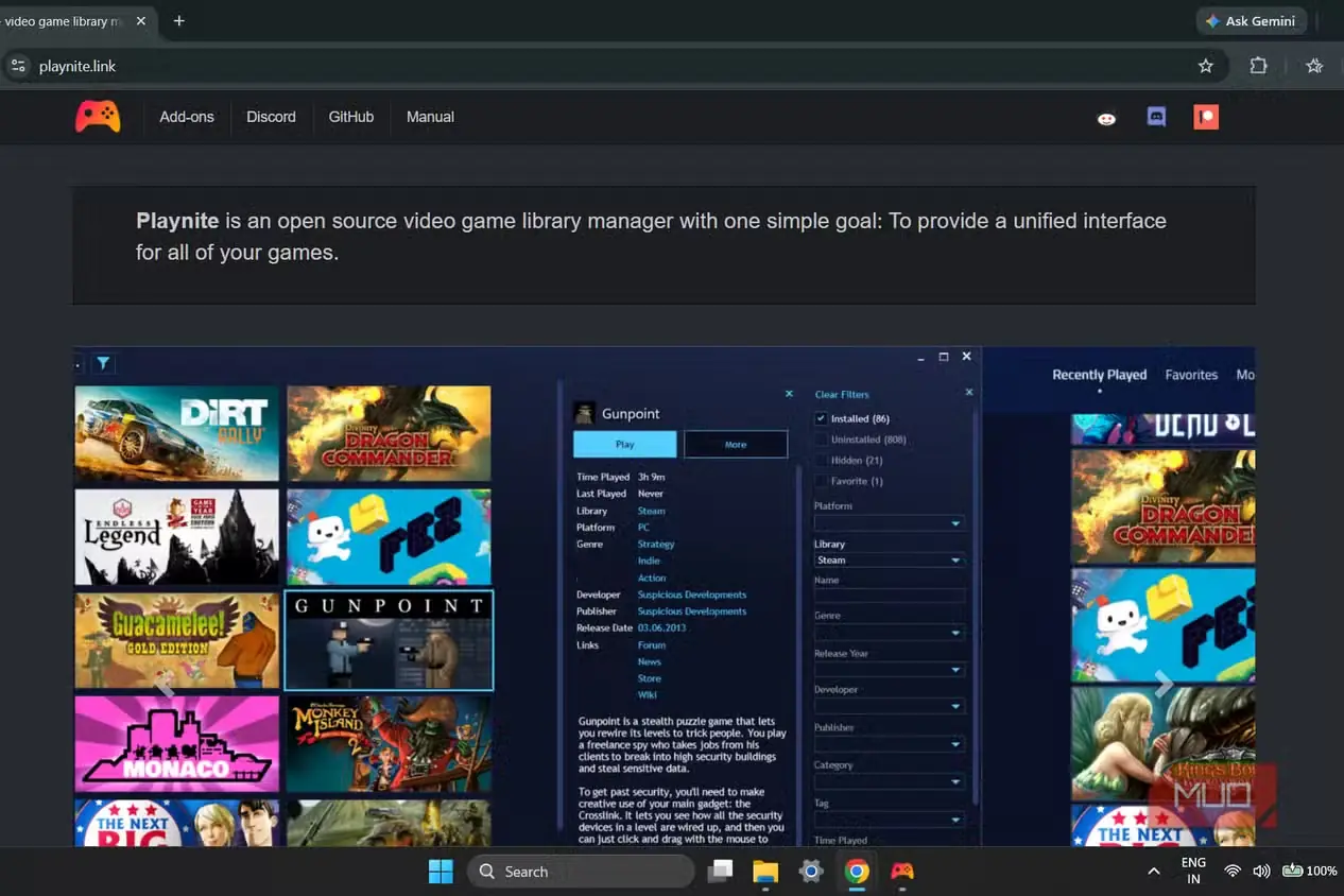 نمای وبسایت رسمی Playnite در Windows