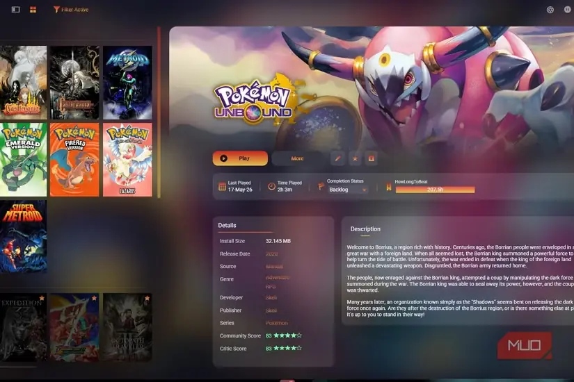 نمای شبیهساز در Playnite هنگام اجرای Pokemon FireRed
