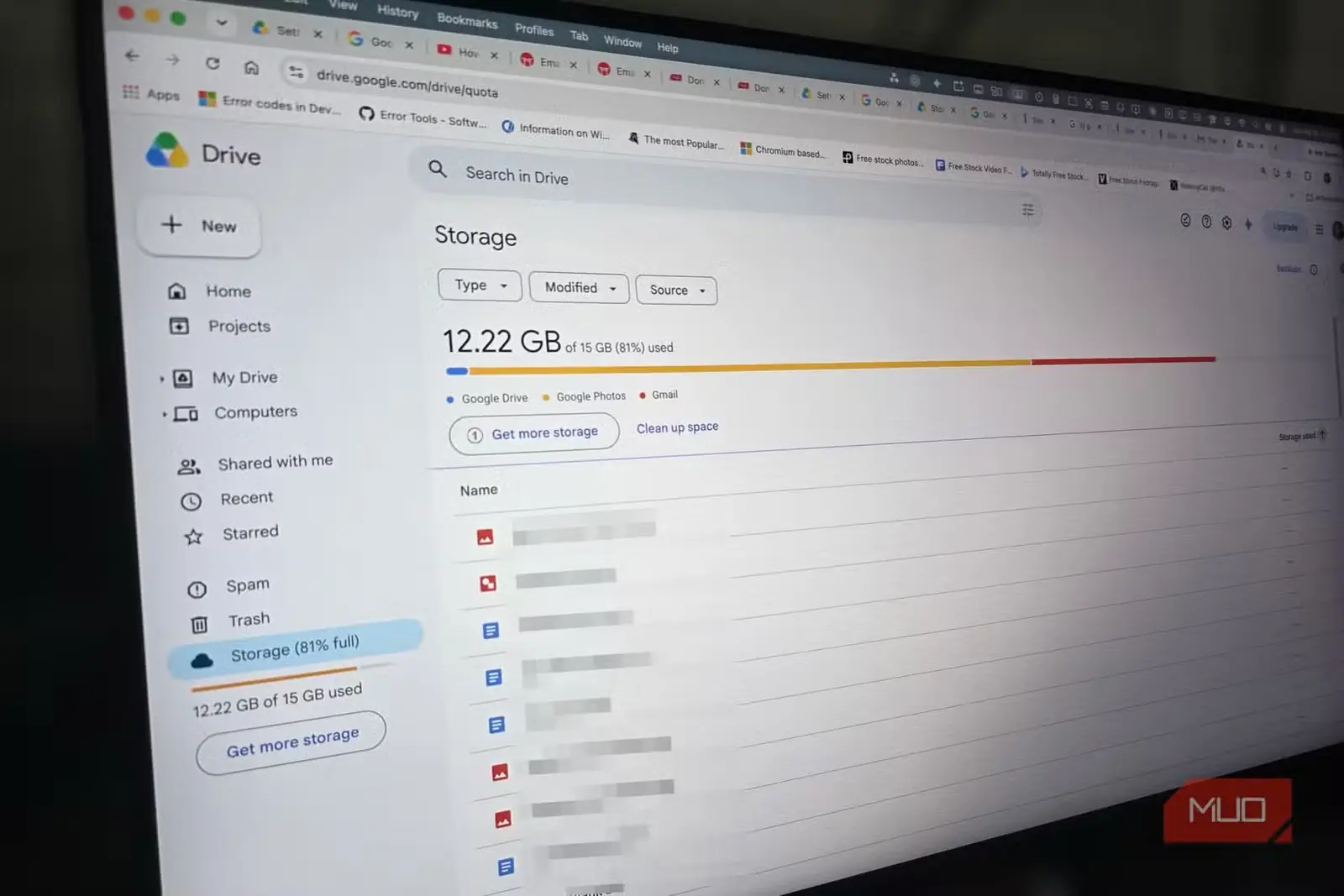صفحه رایانه با نمایش تکمیل ظرفیت ذخیرهسازی Google Drive