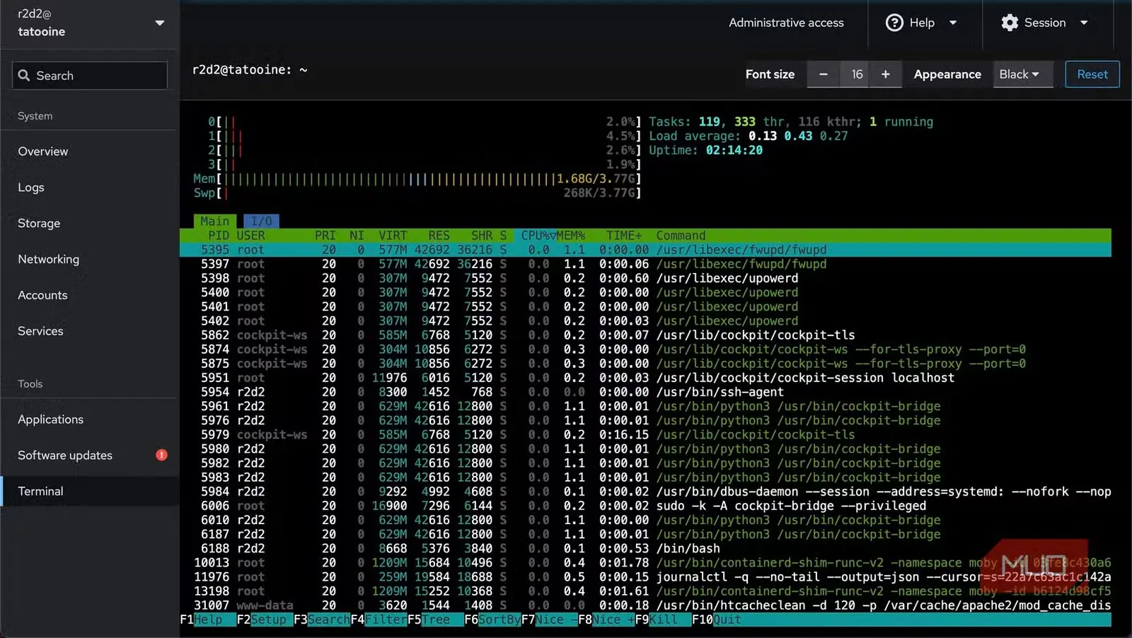 خروجی دستور htop در برنامه پایانه Ubuntu Server