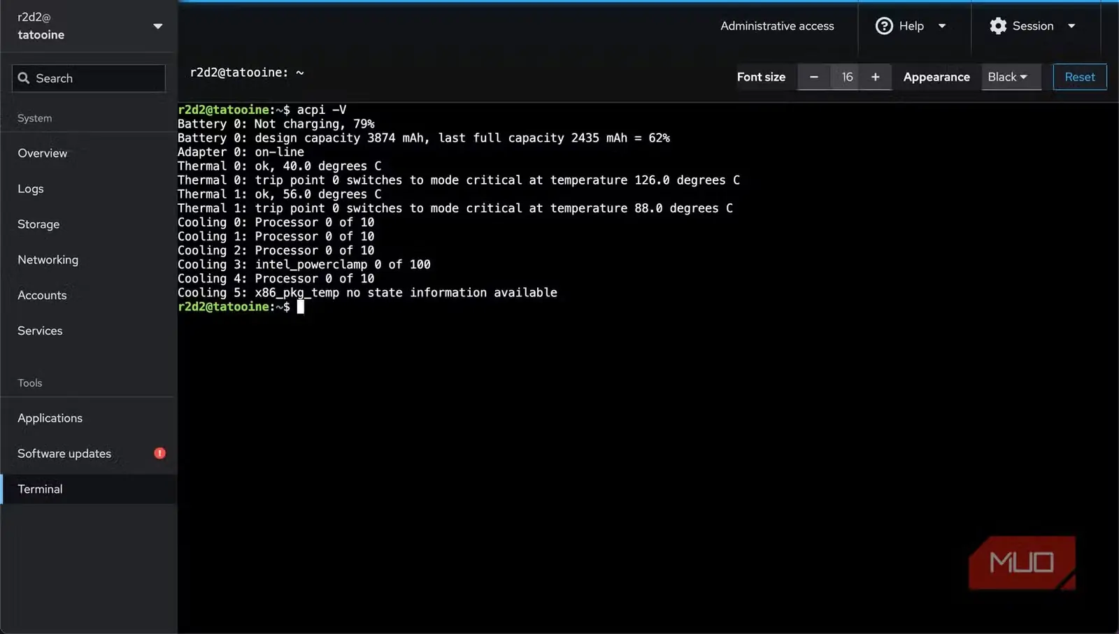 خروجی دستور acpi -V و اطلاعات باتری لپتاپ مجهز به Ubuntu Server
