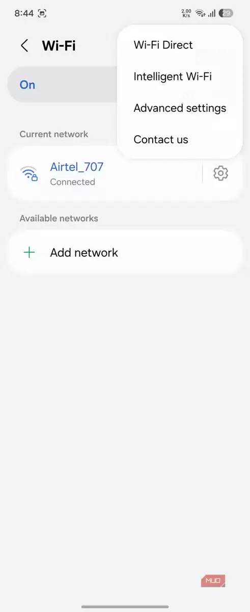 صفحه تنظیمات Wi-Fi گوشی با اتصال شبکه airtel
