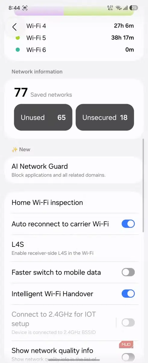 تنظیمات شبکه Wi-Fi با شبکههای ذخیرهشده و گزینههای اتصال