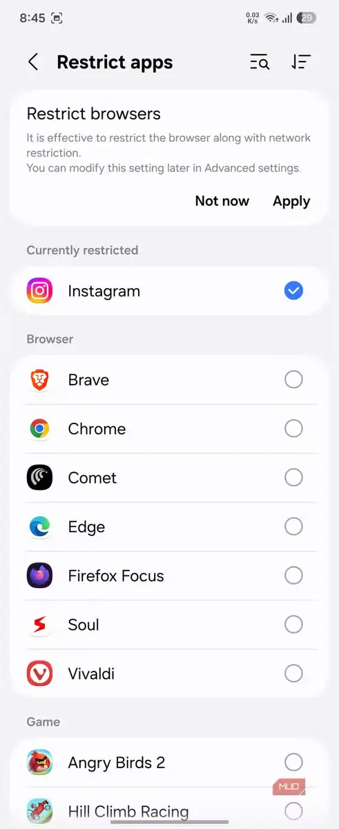 صفحه محدودسازی برنامهها با دسترسی مسدودشده Instagram